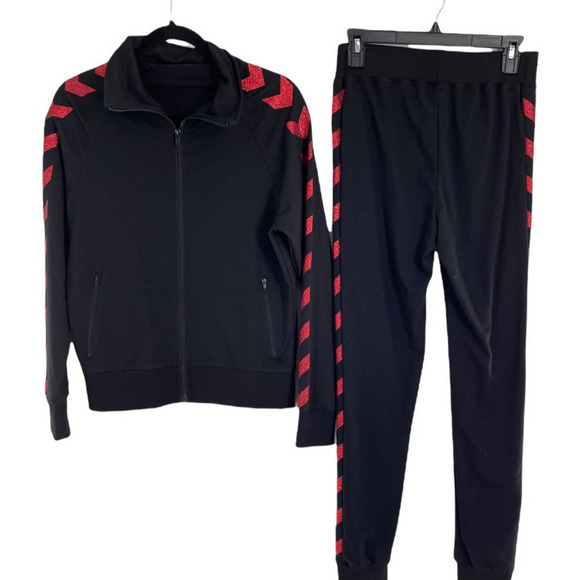 GIRLS BLACK SWEATSUIT,  RED GLITTER EMBELLISHMENT - Picture 1 of 8